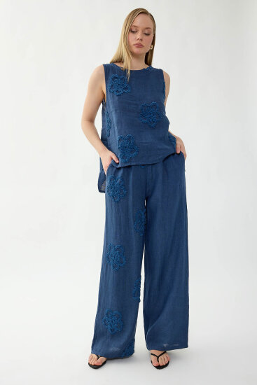 %100 Keten Beli Lastikli Çiçek Motifli Pantolon - 19