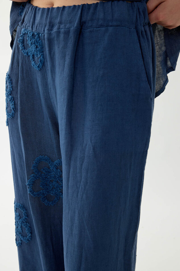 %100 Keten Beli Lastikli Çiçek Motifli Pantolon - 20