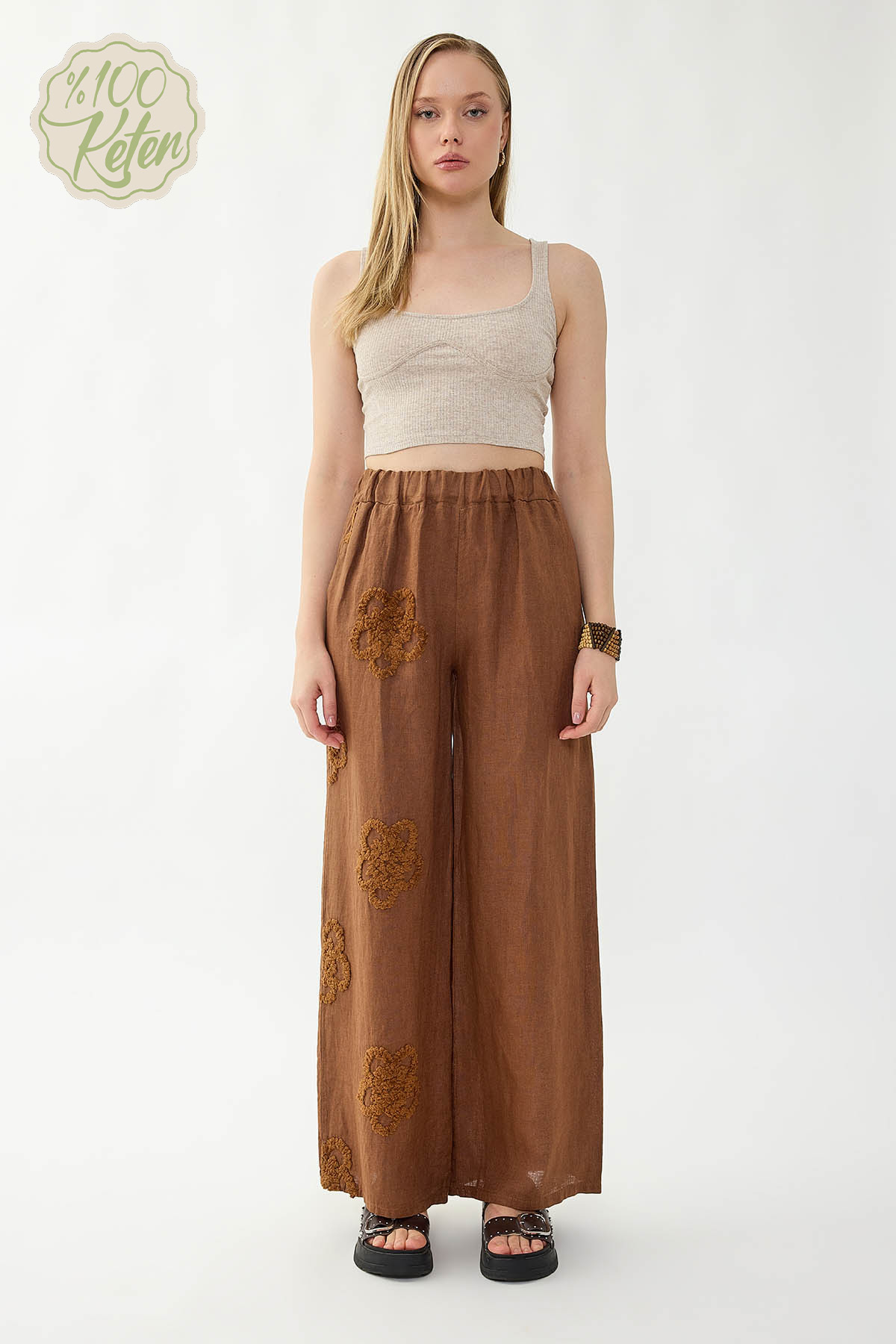 %100 Keten Beli Lastikli Çiçek Motifli Pantolon - Thumbnail