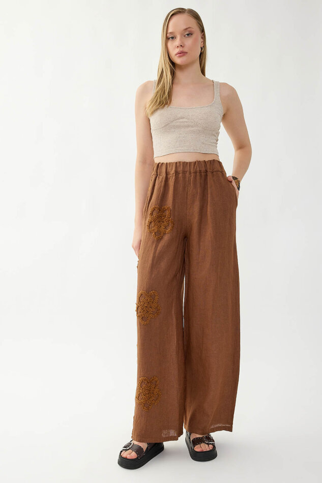 %100 Keten Beli Lastikli Çiçek Motifli Pantolon - 22