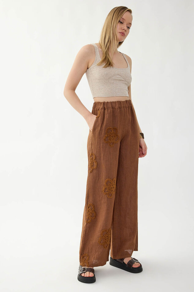 %100 Keten Beli Lastikli Çiçek Motifli Pantolon - 23