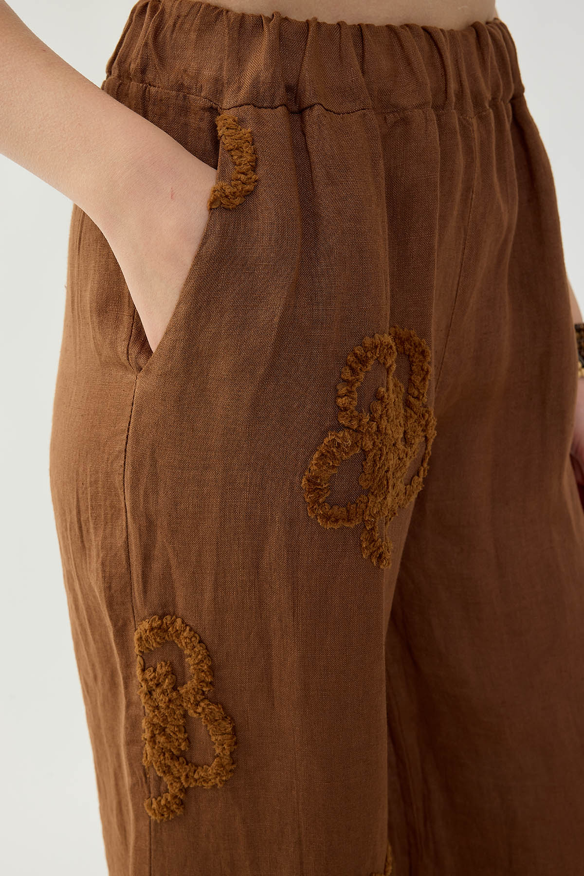 %100 Keten Beli Lastikli Çiçek Motifli Pantolon - Thumbnail