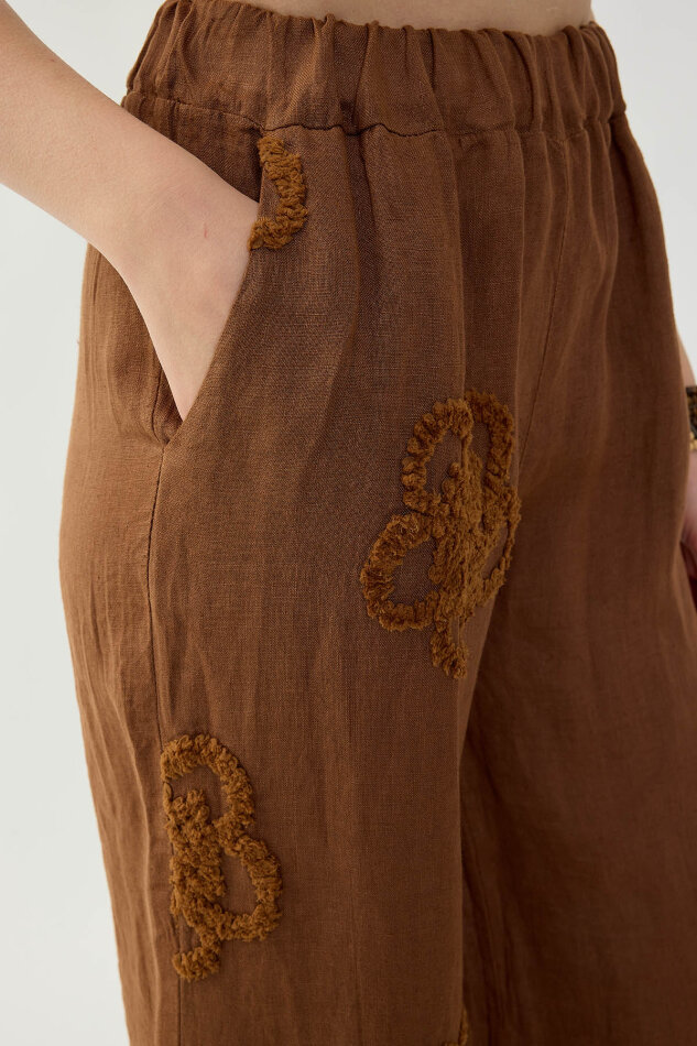 %100 Keten Beli Lastikli Çiçek Motifli Pantolon - 24