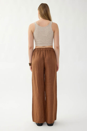 %100 Keten Beli Lastikli Çiçek Motifli Pantolon - 25