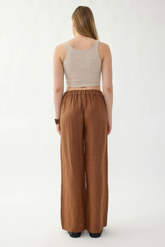 %100 Keten Beli Lastikli Çiçek Motifli Pantolon - 25