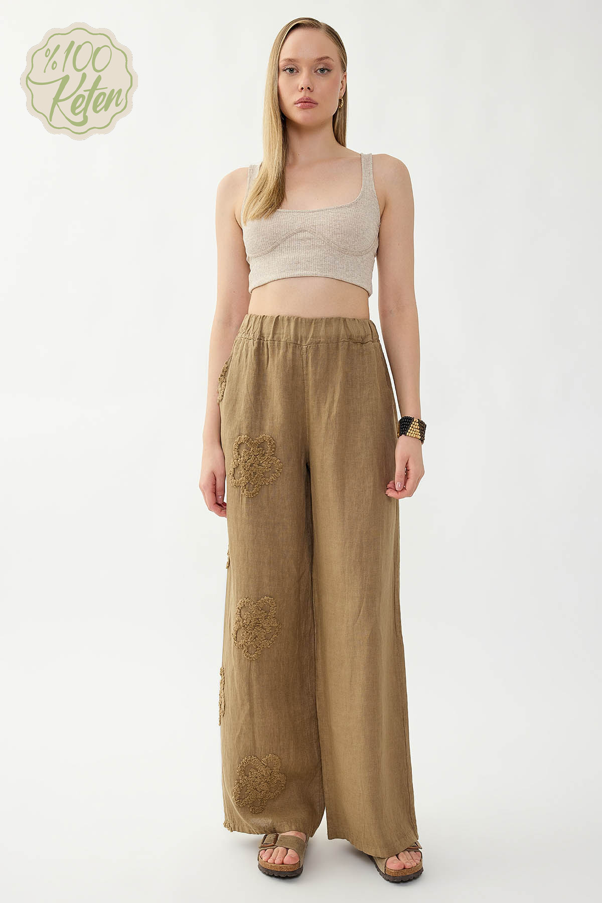 %100 Keten Beli Lastikli Çiçek Motifli Pantolon - Thumbnail