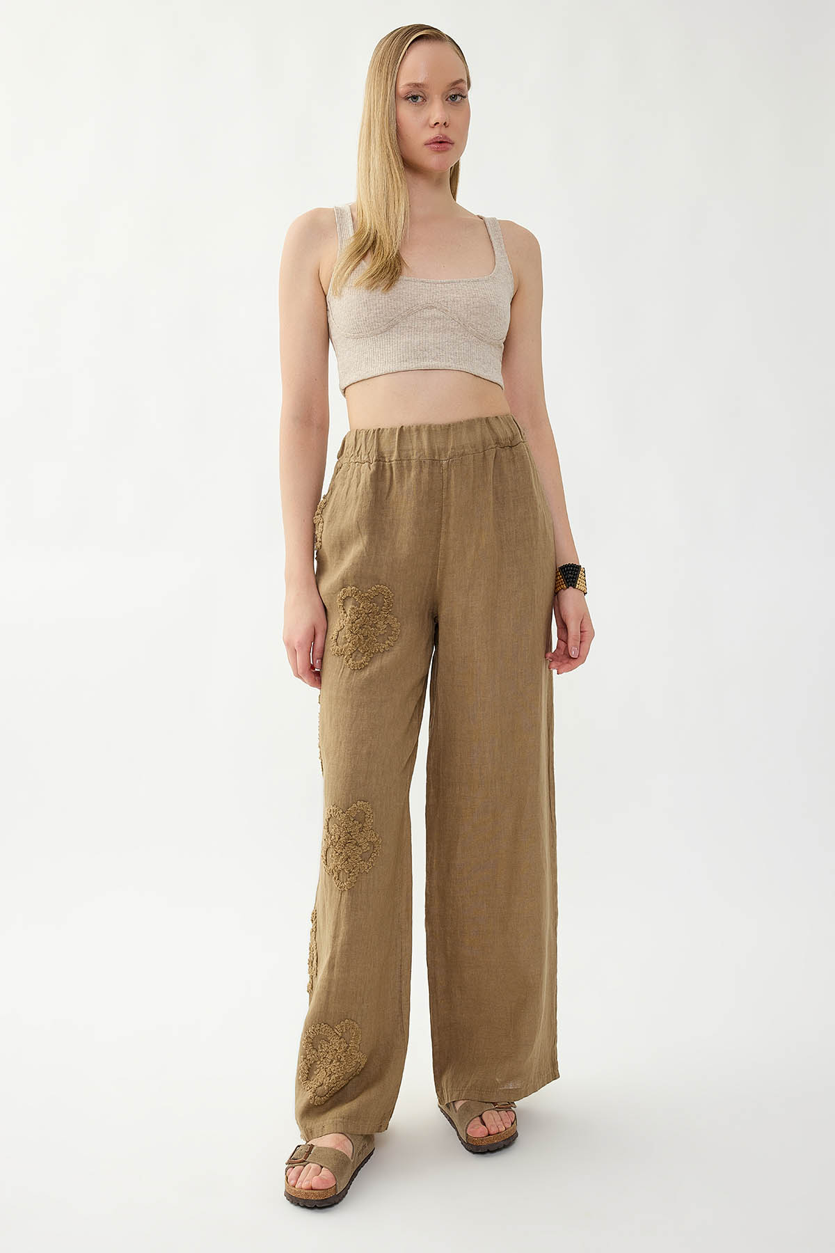 %100 Keten Beli Lastikli Çiçek Motifli Pantolon - Thumbnail