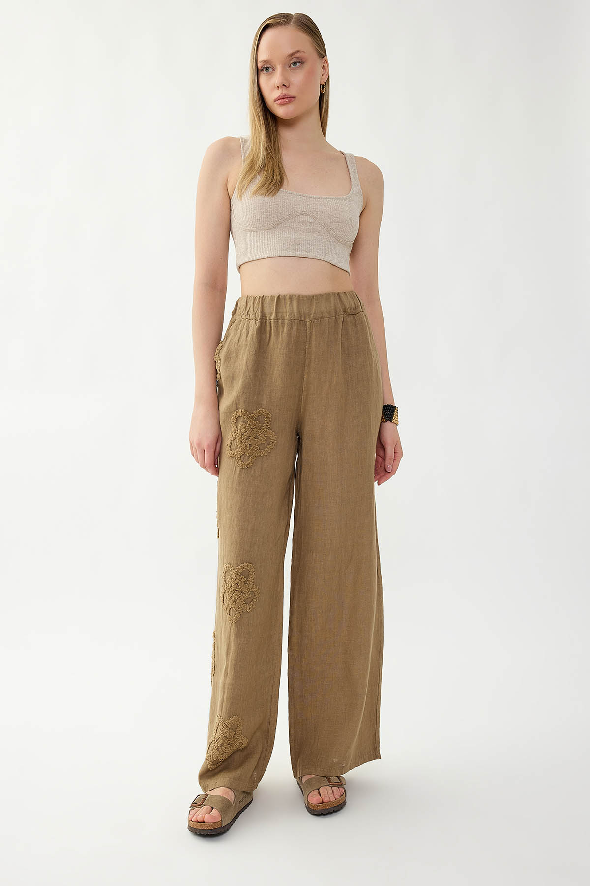 %100 Keten Beli Lastikli Çiçek Motifli Pantolon - Thumbnail