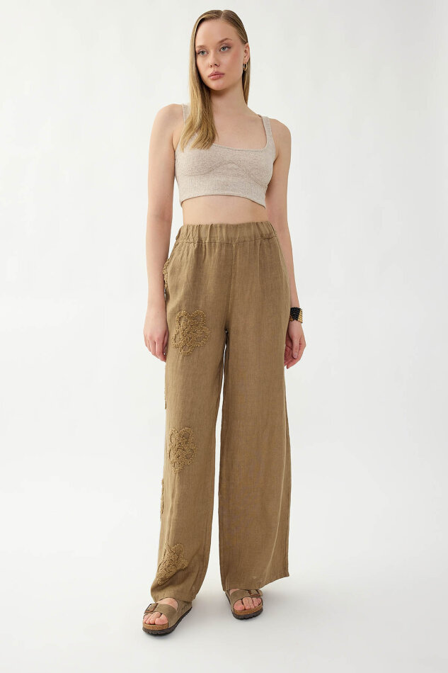 %100 Keten Beli Lastikli Çiçek Motifli Pantolon - 4