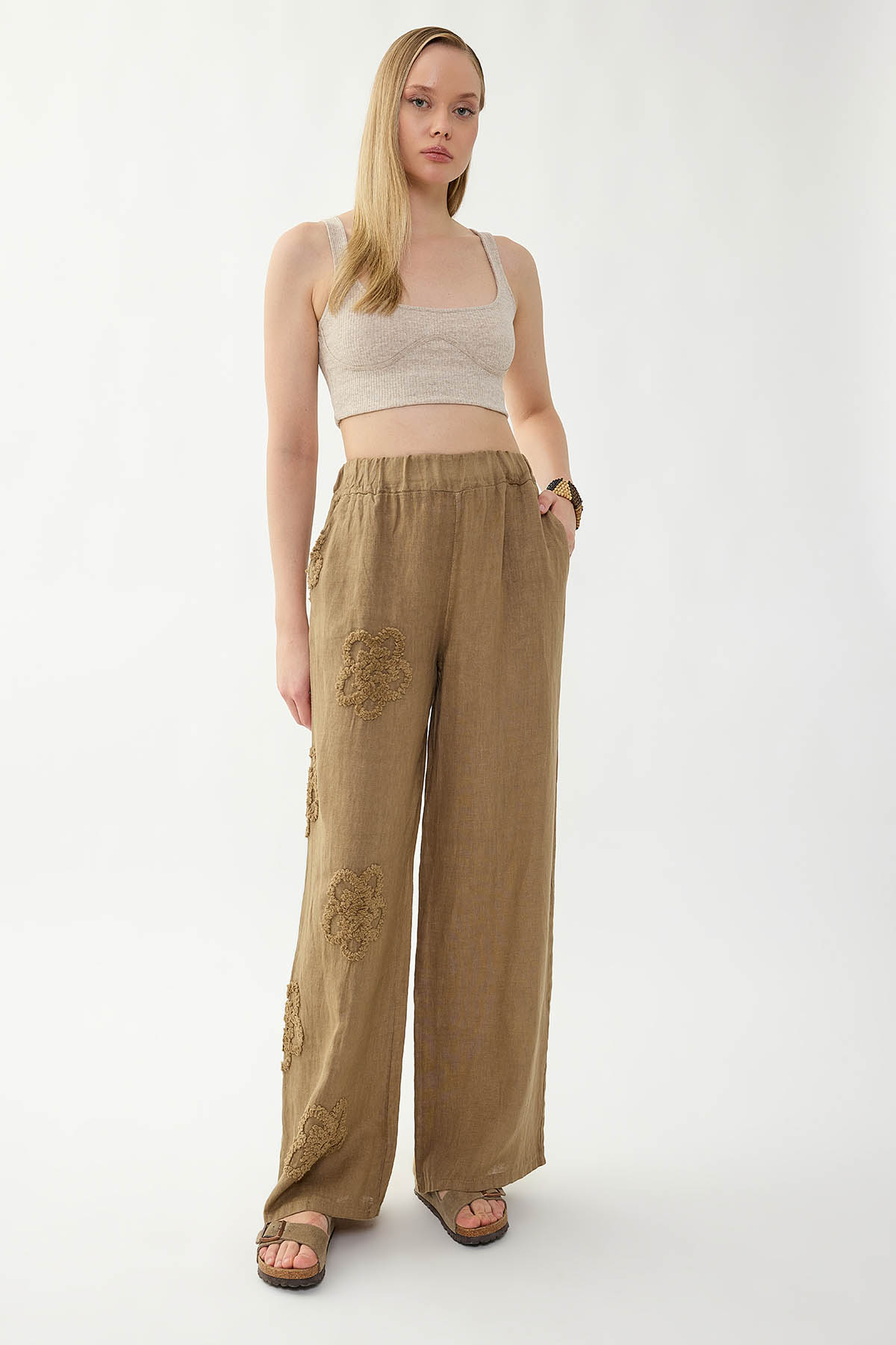 %100 Keten Beli Lastikli Çiçek Motifli Pantolon - Thumbnail