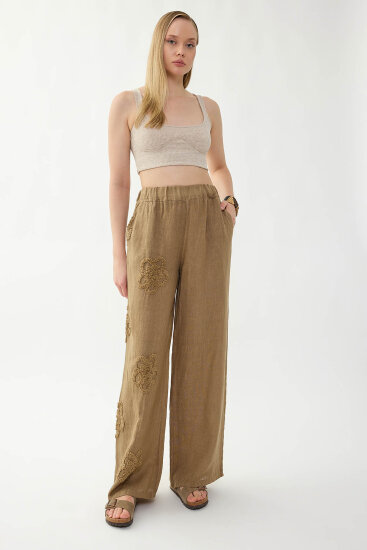 %100 Keten Beli Lastikli Çiçek Motifli Pantolon - 5