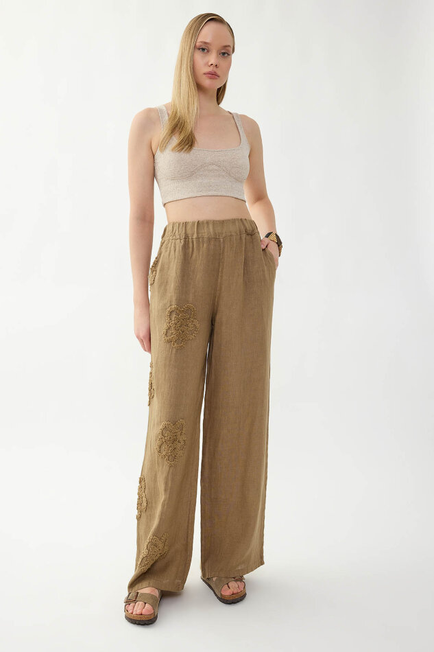 %100 Keten Beli Lastikli Çiçek Motifli Pantolon - 5