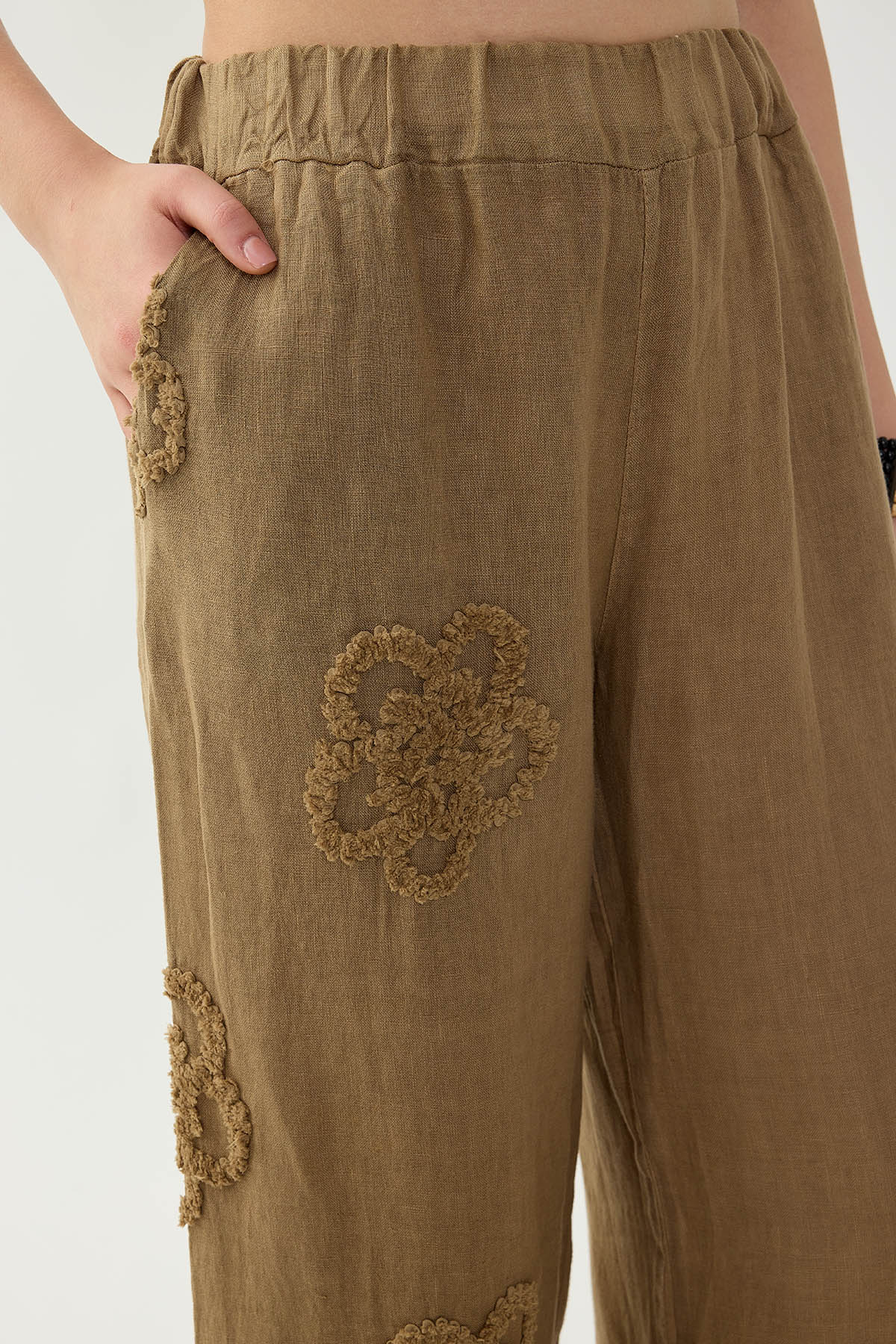 %100 Keten Beli Lastikli Çiçek Motifli Pantolon - Thumbnail