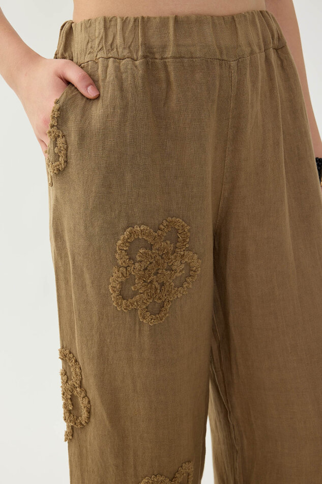 %100 Keten Beli Lastikli Çiçek Motifli Pantolon - 6