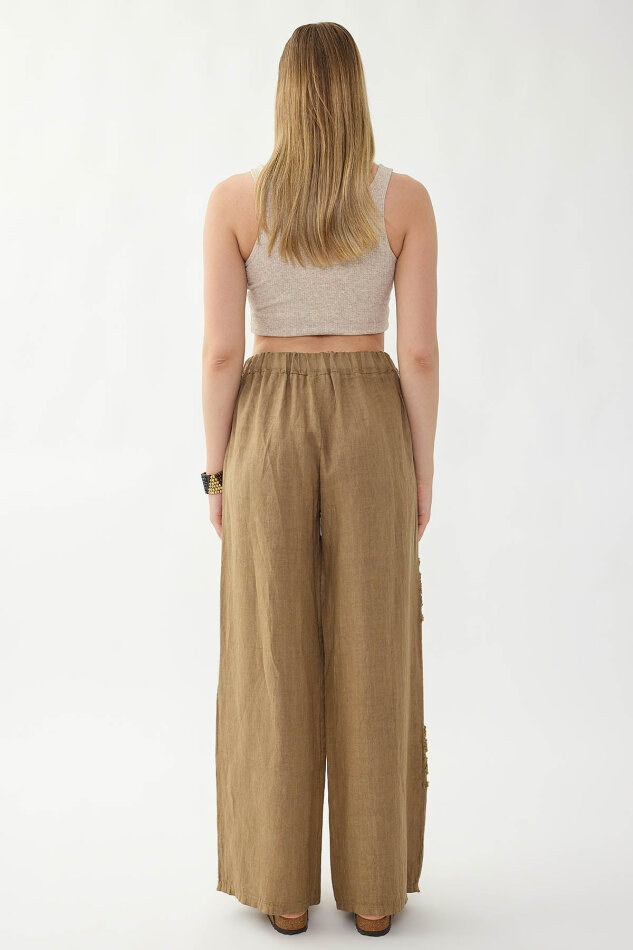 %100 Keten Beli Lastikli Çiçek Motifli Pantolon - 7