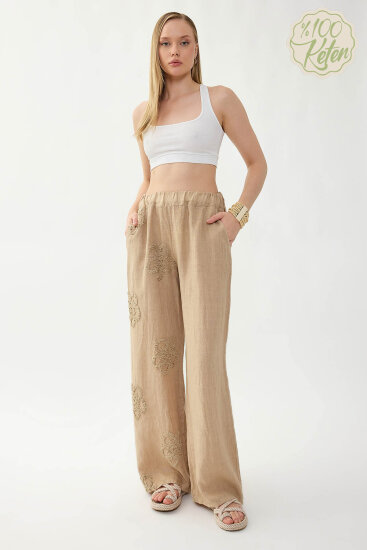 %100 Keten Beli Lastikli Çiçek Motifli Pantolon - 8