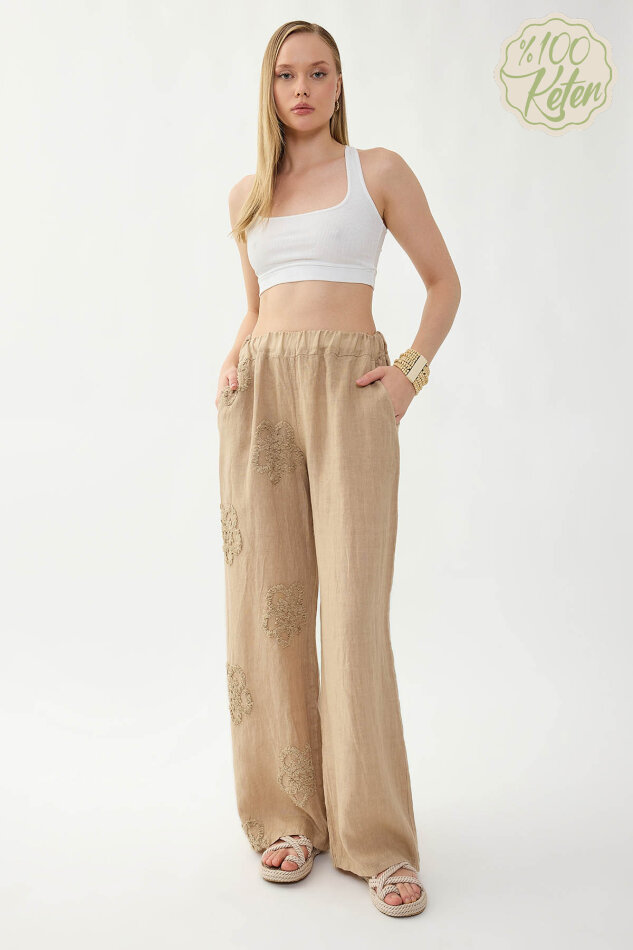 %100 Keten Beli Lastikli Çiçek Motifli Pantolon - 8