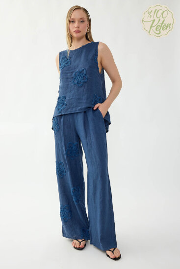 %100 Keten Beli Lastikli Çiçek Motifli Pantolon - 14