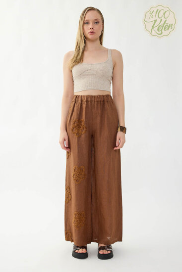 %100 Keten Beli Lastikli Çiçek Motifli Pantolon - 21