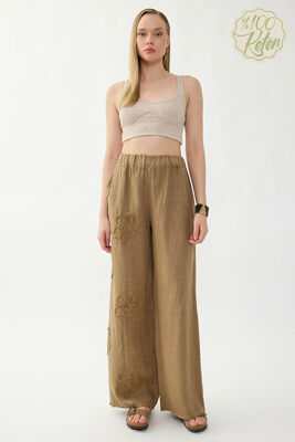 %100 Keten Beli Lastikli Çiçek Motifli Pantolon (1)