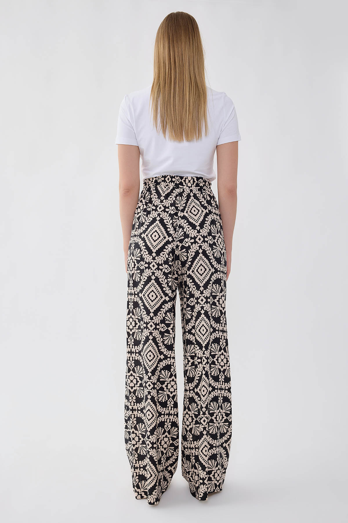 Beli Lastikli Desenli Geniş Paça Pantolon - Thumbnail