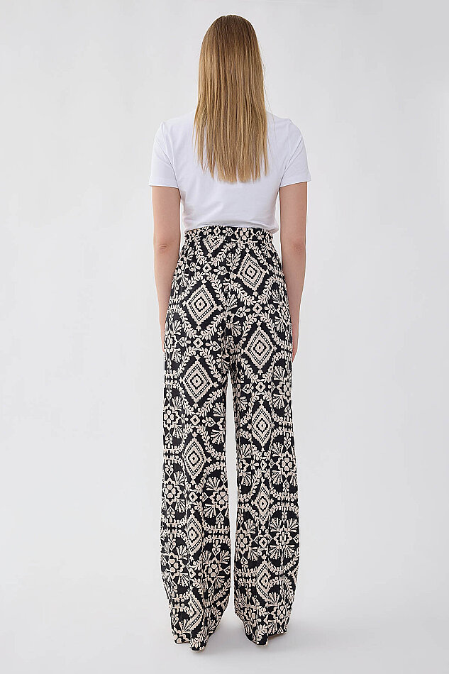 Beli Lastikli Desenli Geniş Paça Pantolon - 5