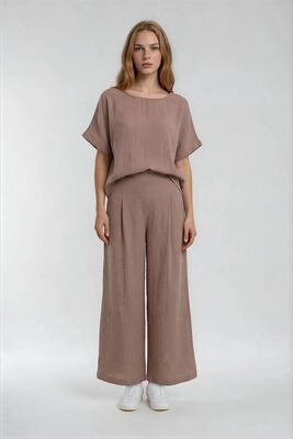Beli Lastikli Geniş Paça Keten Pantolon
