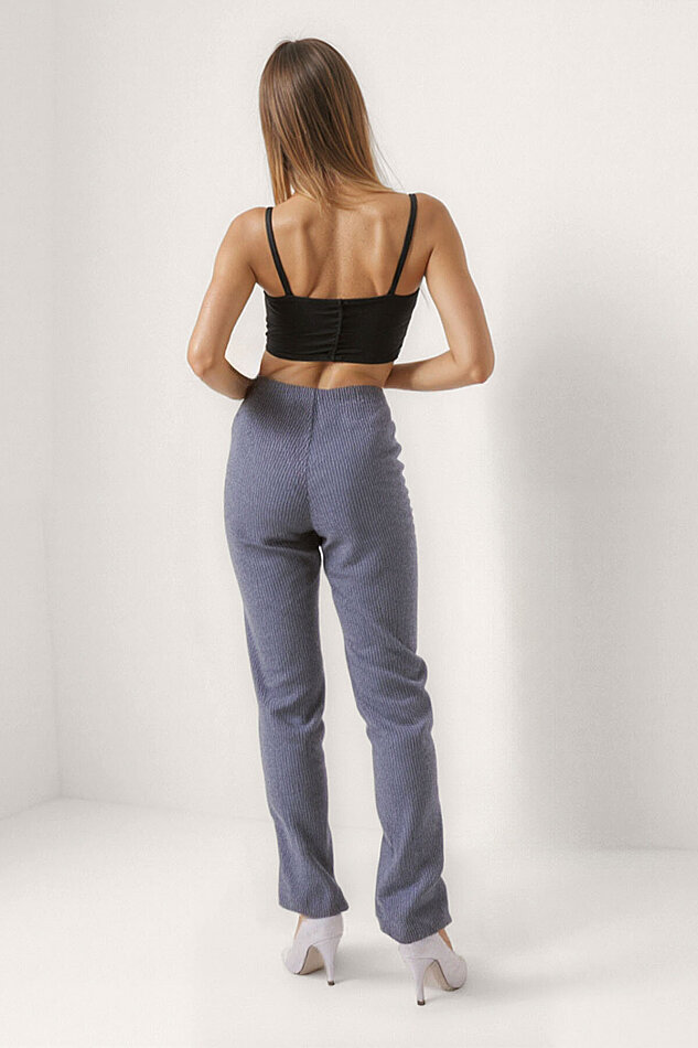 Beli Lastikli İnce Çizgili Geniş Paça Pantolon - 8