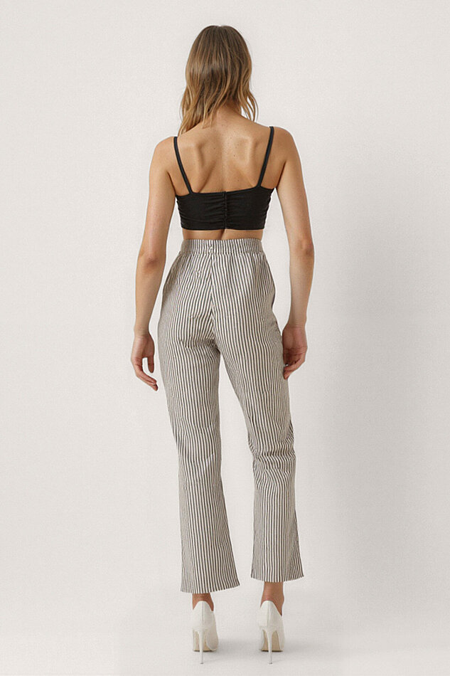 Beli Lastikli Kalın Çizgili Geniş Paça Pantolon - 3