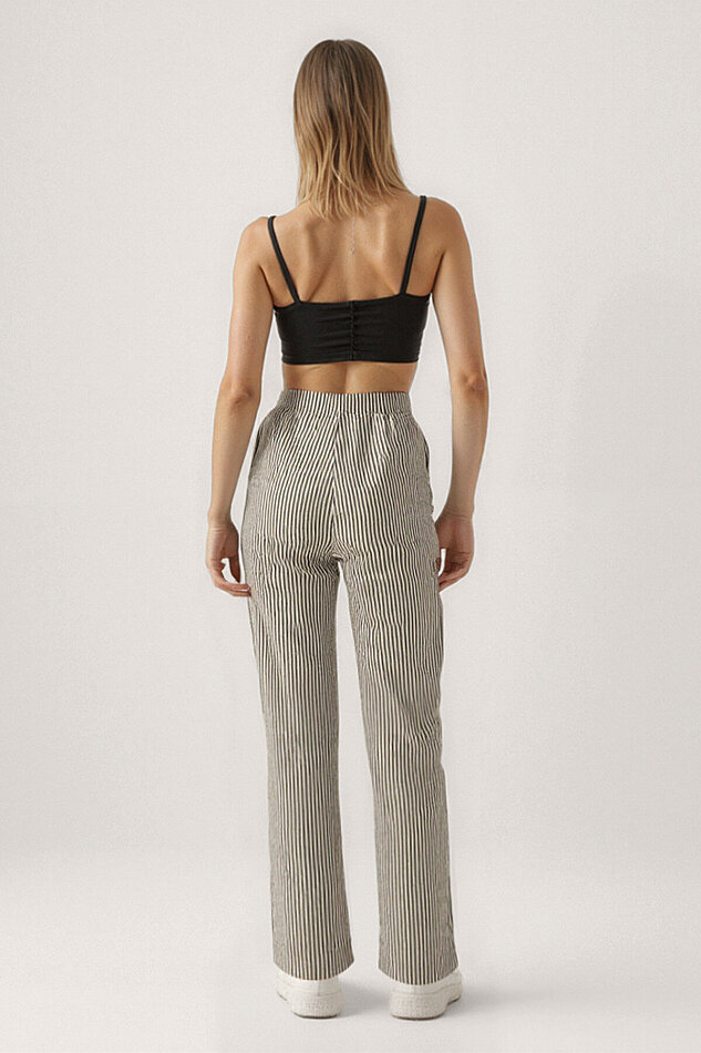 Beli Lastikli Kalın Çizgili Geniş Paça Pantolon - 8