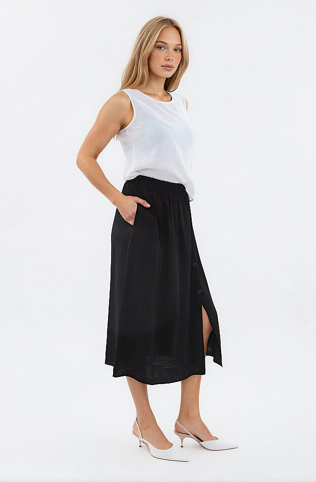 Beli Lastikli Kendinden Desenli Düğmeli Etek - 3