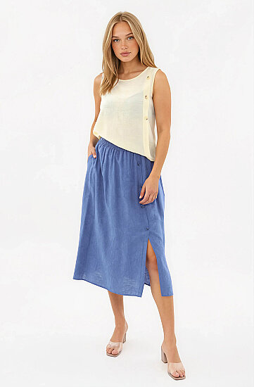 Beli Lastikli Kendinden Desenli Düğmeli Etek - 5