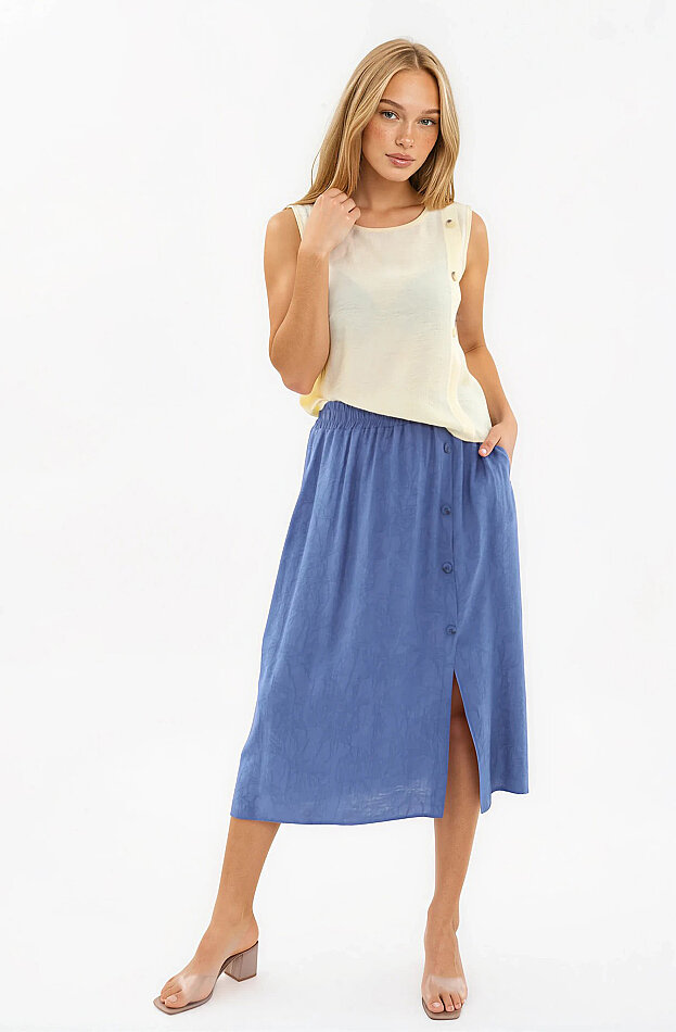 Beli Lastikli Kendinden Desenli Düğmeli Etek - 7