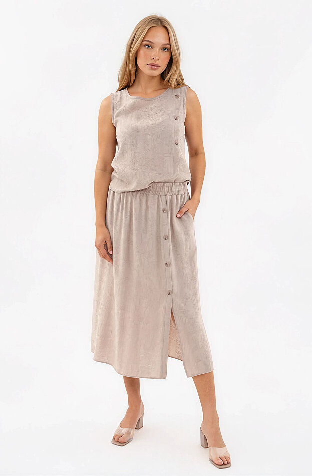 Beli Lastikli Kendinden Desenli Düğmeli Etek - 9