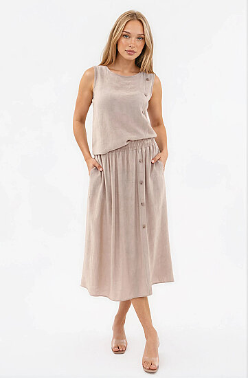 Beli Lastikli Kendinden Desenli Düğmeli Etek - 10