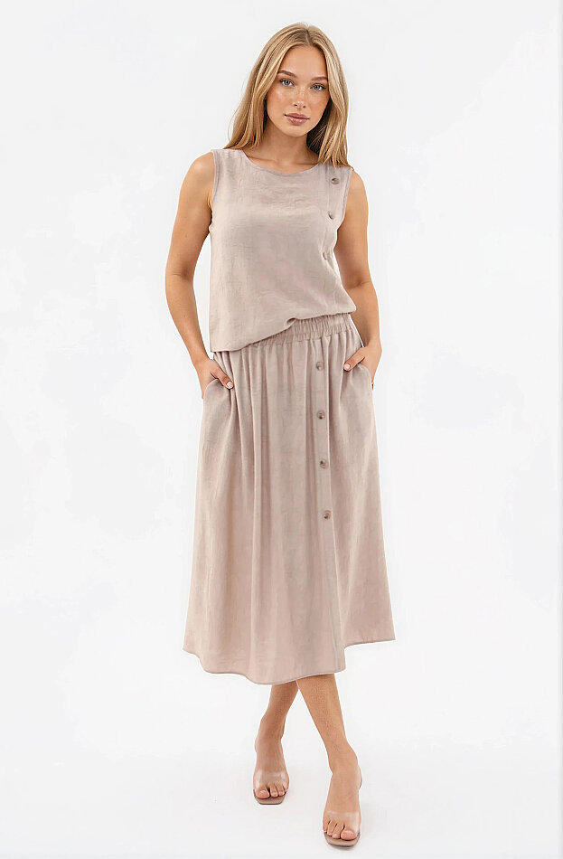 Beli Lastikli Kendinden Desenli Düğmeli Etek - 10