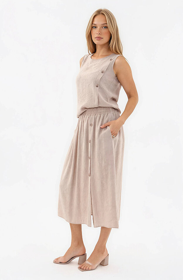 Beli Lastikli Kendinden Desenli Düğmeli Etek - 11