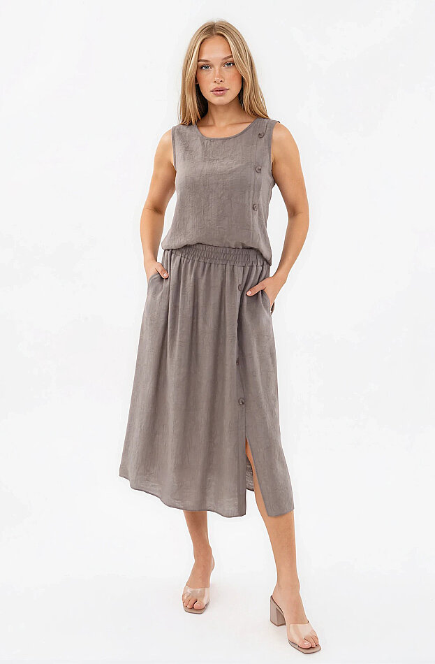 Beli Lastikli Kendinden Desenli Düğmeli Etek - 13