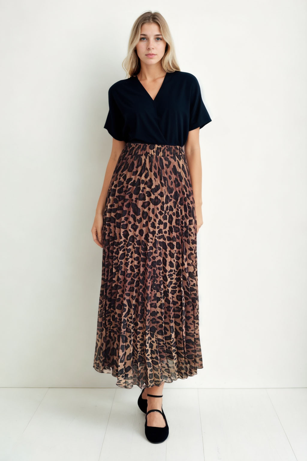 Beli Lastikli Leopar Desen Pileli Uzun Etek - Thumbnail