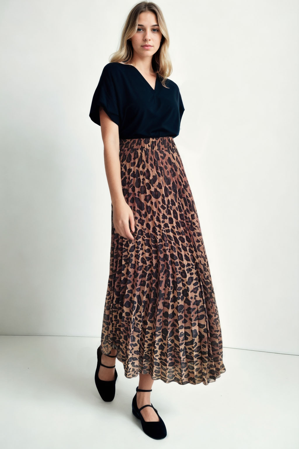 Beli Lastikli Leopar Desen Pileli Uzun Etek - Thumbnail