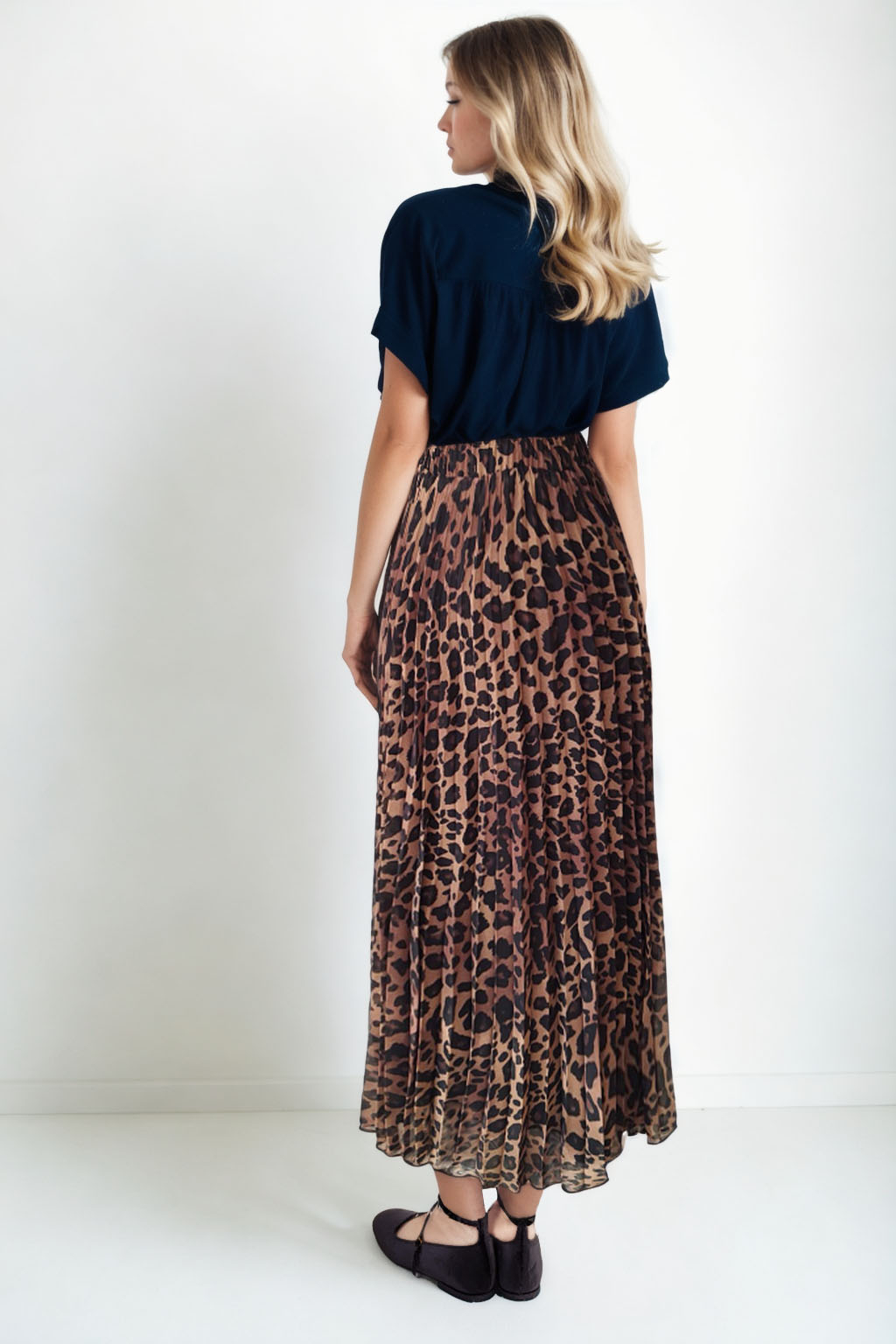 Beli Lastikli Leopar Desen Pileli Uzun Etek - Thumbnail