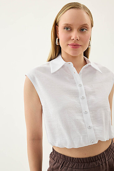 Beli Lastikli Önü Düğmeli Sıfır Kol Bluz - 2