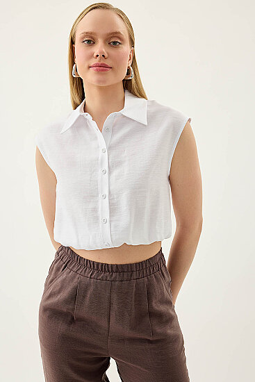 Beli Lastikli Önü Düğmeli Sıfır Kol Bluz - 3