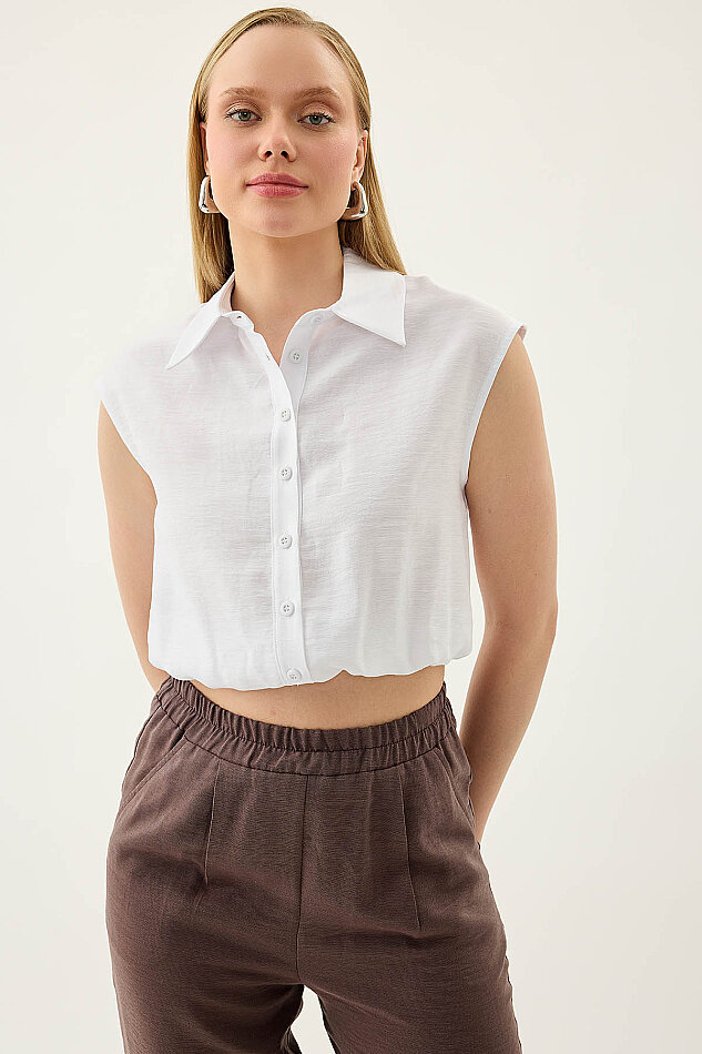 Beli Lastikli Önü Düğmeli Sıfır Kol Bluz - 3