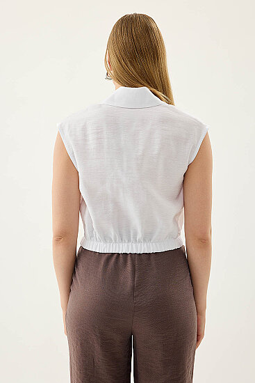 Beli Lastikli Önü Düğmeli Sıfır Kol Bluz - 5