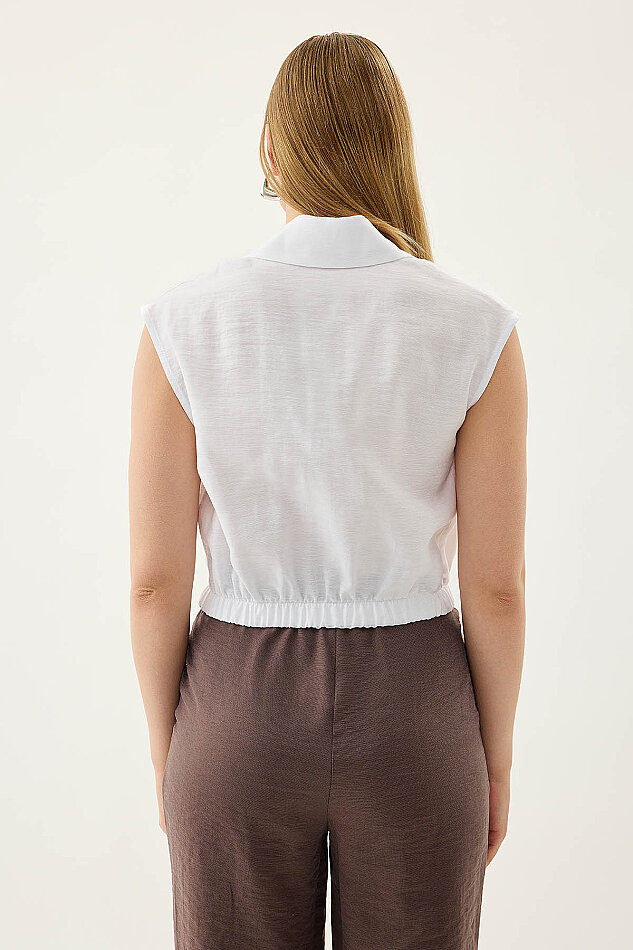 Beli Lastikli Önü Düğmeli Sıfır Kol Bluz - 5