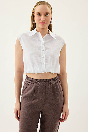 Beli Lastikli Önü Düğmeli Sıfır Kol Bluz - 1