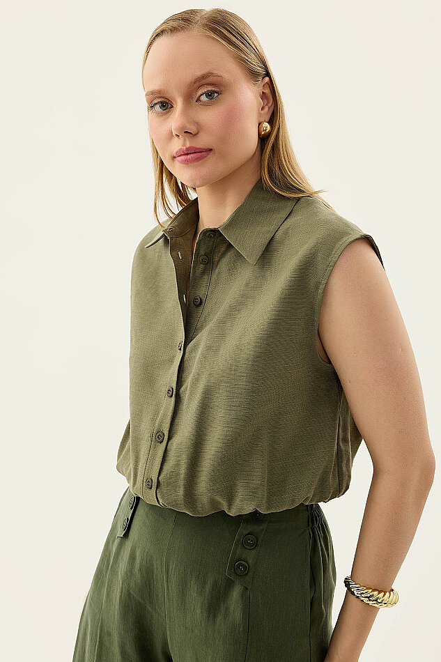 Beli Lastikli Önü Düğmeli Sıfır Kol Bluz - 10