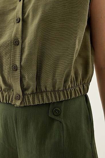 Beli Lastikli Önü Düğmeli Sıfır Kol Bluz - 12