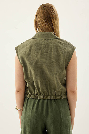 Beli Lastikli Önü Düğmeli Sıfır Kol Bluz - 11